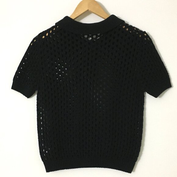 American Apparel Open Weave Knit Crop Tennis Shirt Sweater Top Black - M - Picture 3 of 7